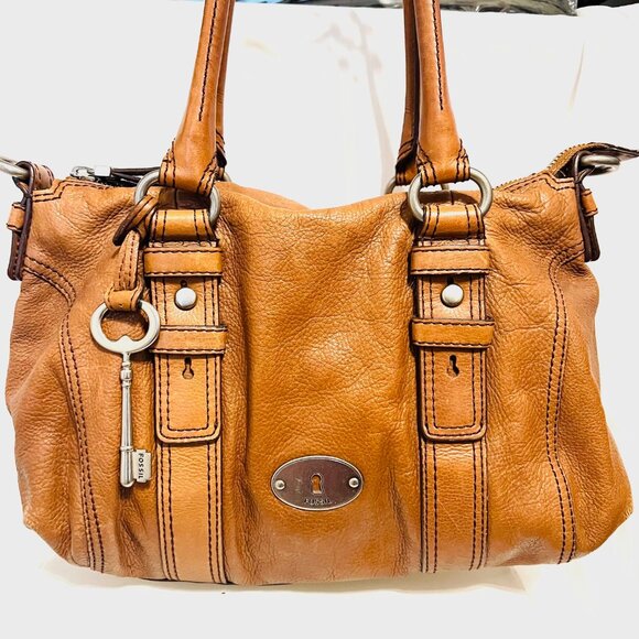 Fossil Vintage Camel/Brown Tote/Satchel Purse Bag-Soft Glove Leather-Roomy-Zip - Picture 3 of 15